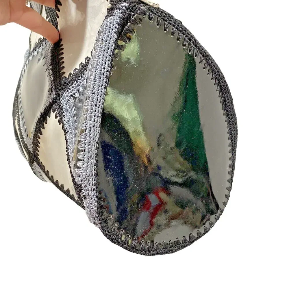Granny Chic Crochet & Patent Shoulder Bag Purse Black Silvery Gray Vintage Chic